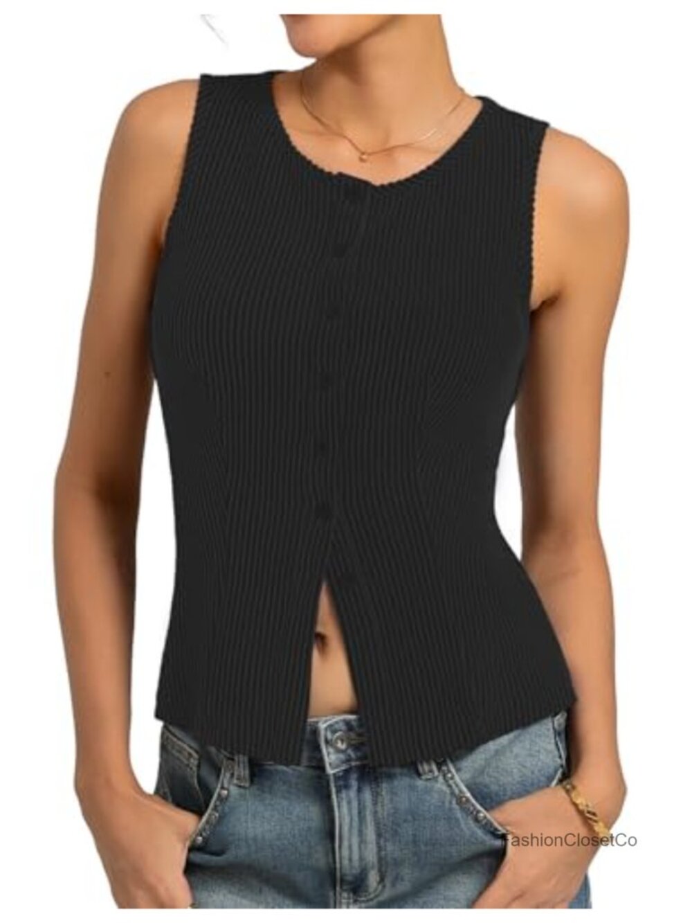 Y2K Ribbed Knit Button Up Sleeveless Tank Top